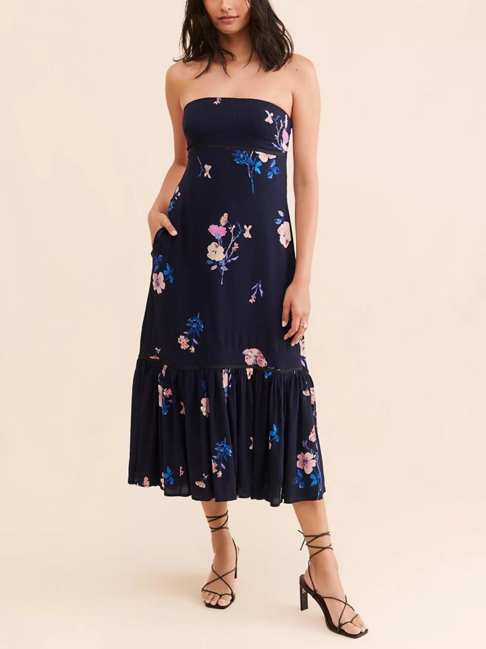 Free People Navy Strapless Floral Midi with Ruffle Hem